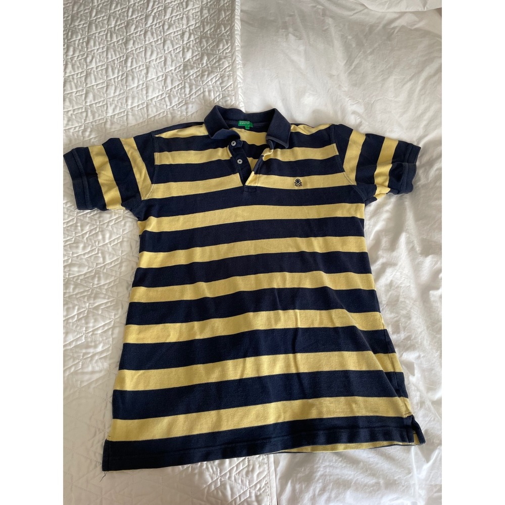 United Colors of Benetton Polo Shirt Navy Yellow Striped 100% Cotton Pique Large
